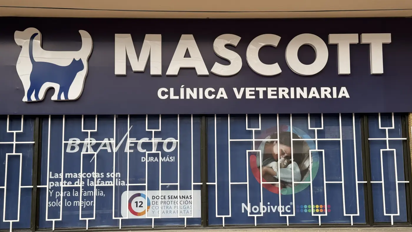 Fachada de Clínica Veterinaria Mascott, con el aviso azul y blanco sobre las ventanas de la sede